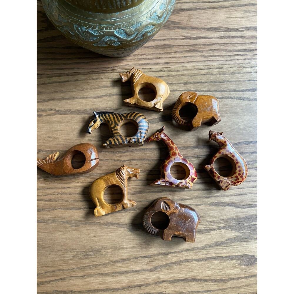 Vintage Wooden Napkin Holders Safari Animals Elephant Giraffe Lion Set Of 8